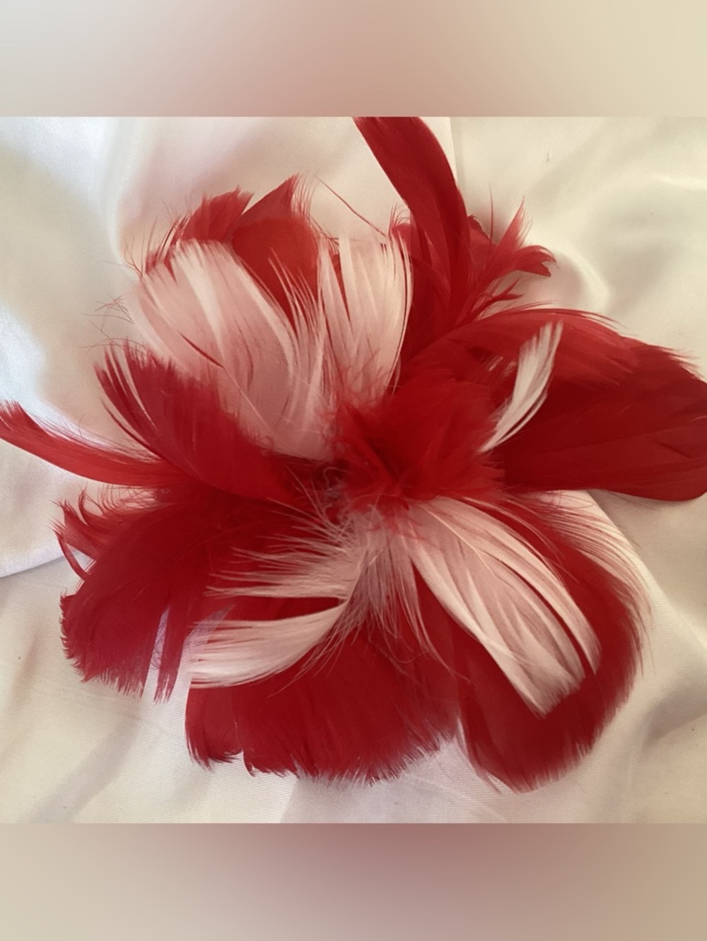 Red and white Feather Fascinator Hair Clip. Hat clip